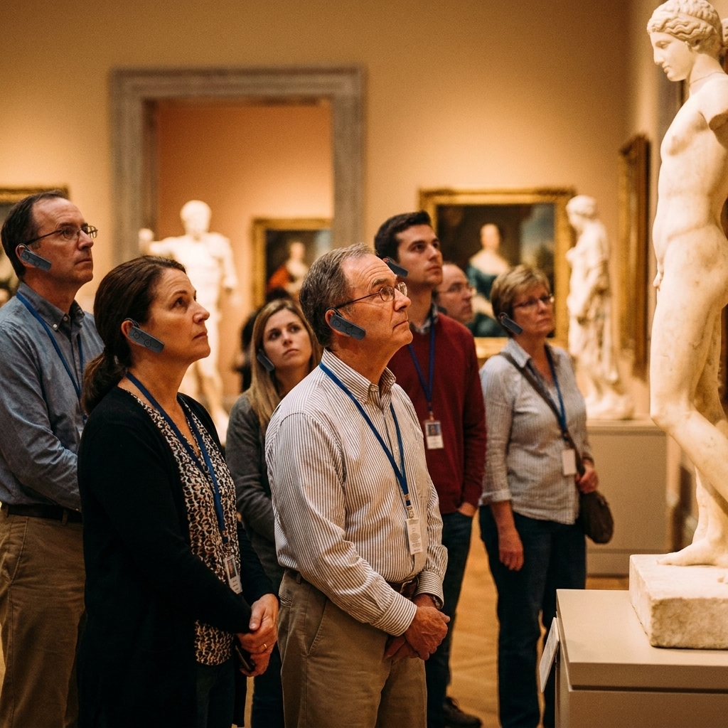 Museum visitors wearing wireless tour guide receivers while listening to a guide's commentary