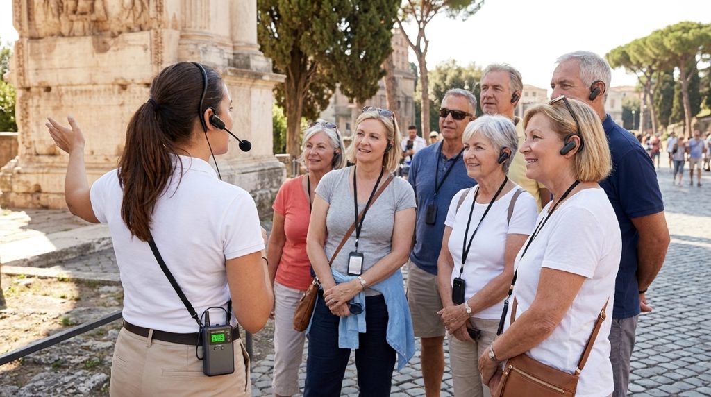 Tour guide wearing a wireless transmitter while leading an outdoor group tour