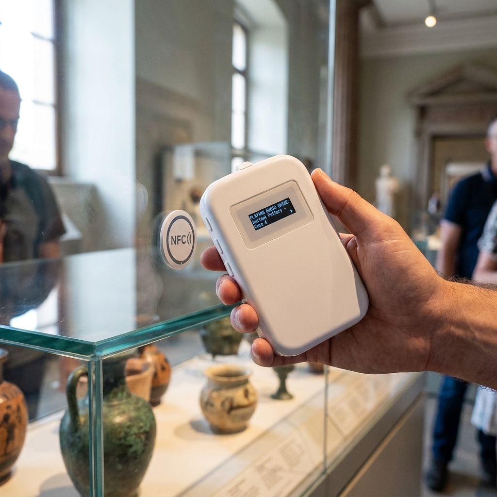 Visitor using NFC-triggered self-guided audio tour device near a museum exhibit