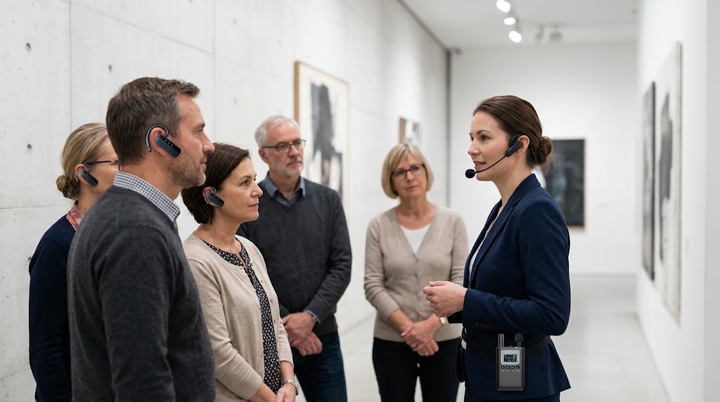A docent using a wireless transmitter to guide a small group through a gallery at a quiet, conversational volume