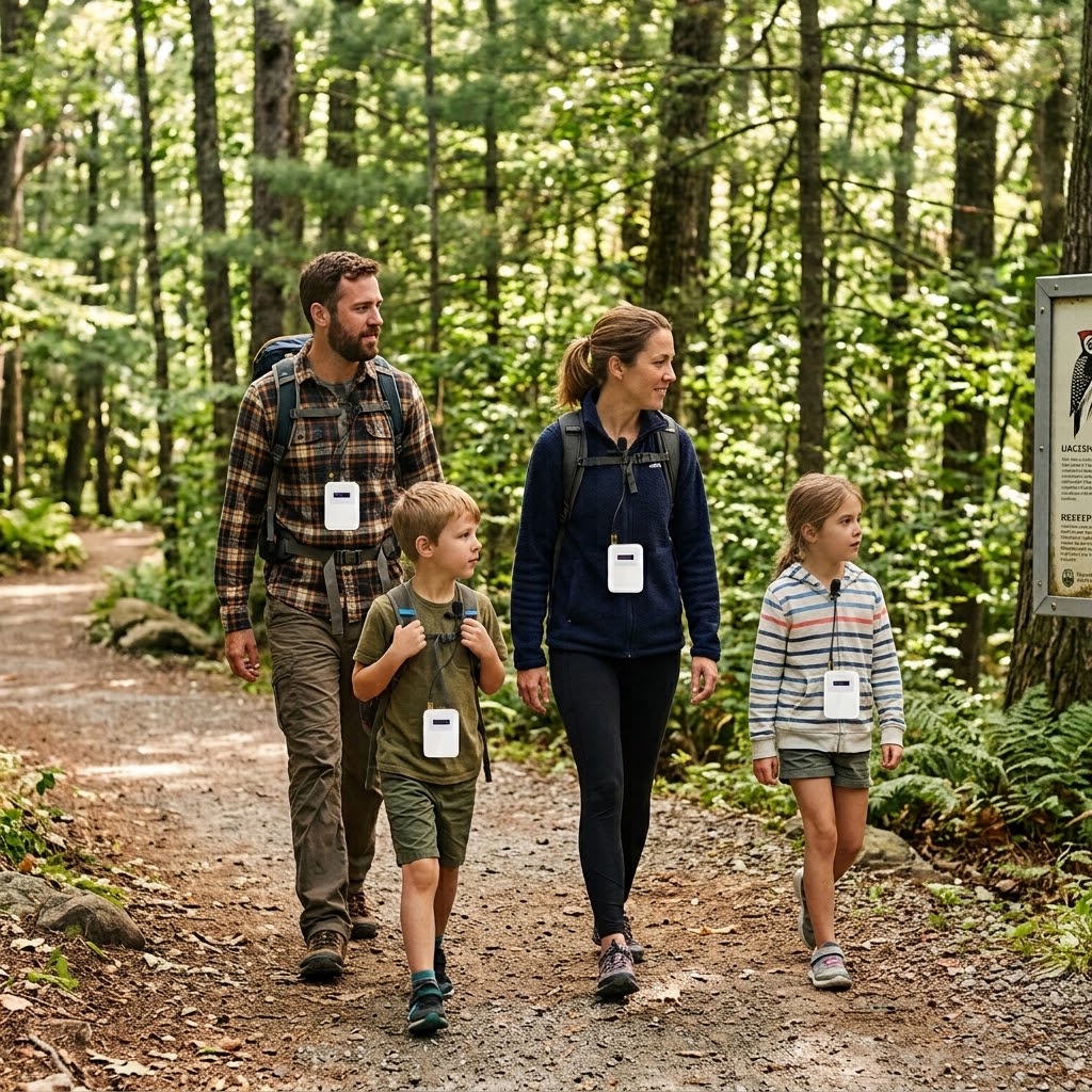 A family listening to self-guided trail narration through wireless receivers while walking a nature trail