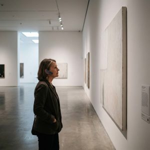 A gallery visitor wearing a wireless audio receiver while quietly viewing a piece of art