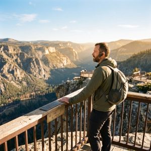 A park visitor wearing a wireless audio guide receiver while taking in a scenic overlook