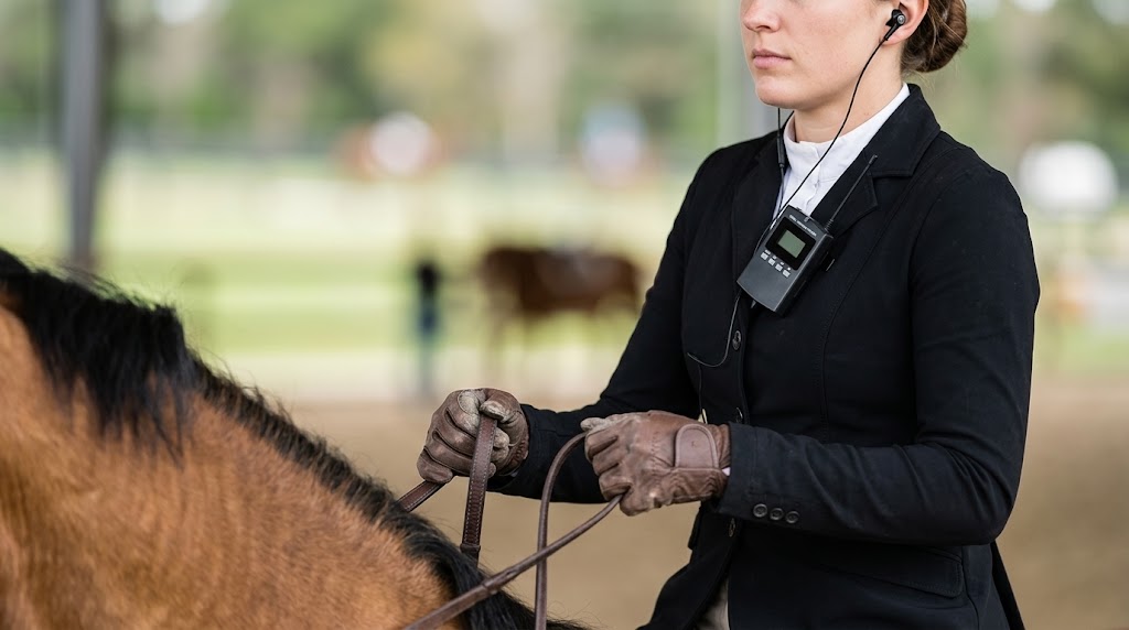 A rider with both hands on the reins wearing a hands-free wireless earpiece during a lesson