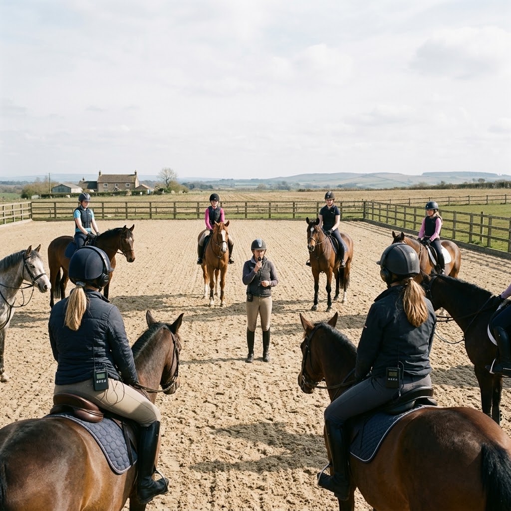 A riding instructor using a wireless transmitter to guide a group of mounted riders spaced across an arena