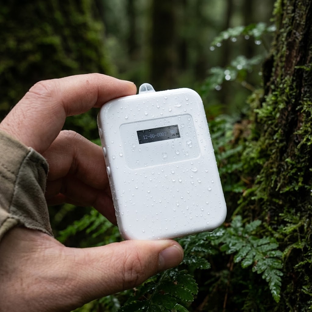 Close-up of a weather-resistant wireless guide receiver held outdoors
