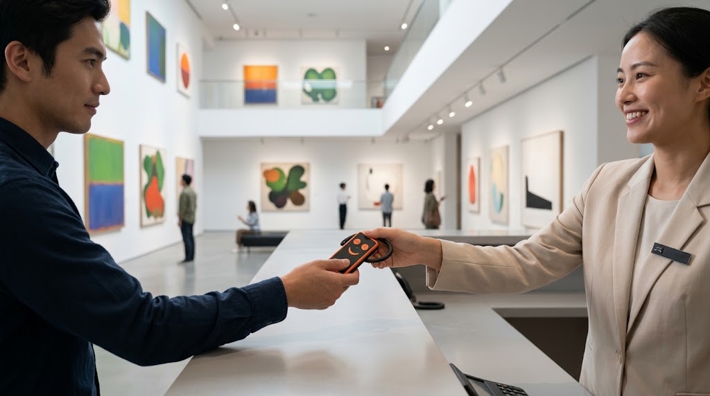 Gallery front-desk staff handing a wireless audio guide receiver to a visitor at checkout