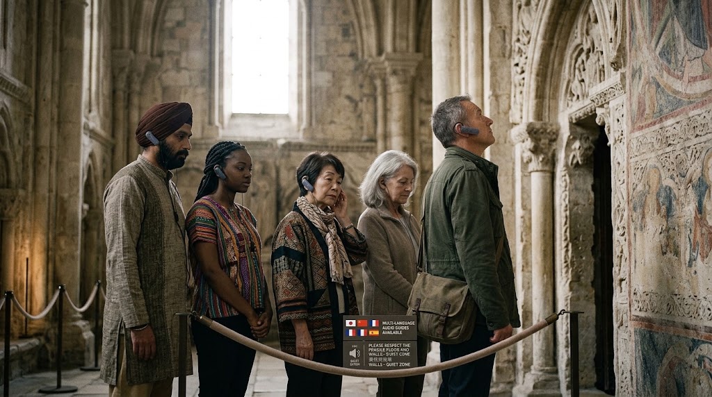 International visitors at a heritage site each listening to multilingual audio commentary through wireless receivers