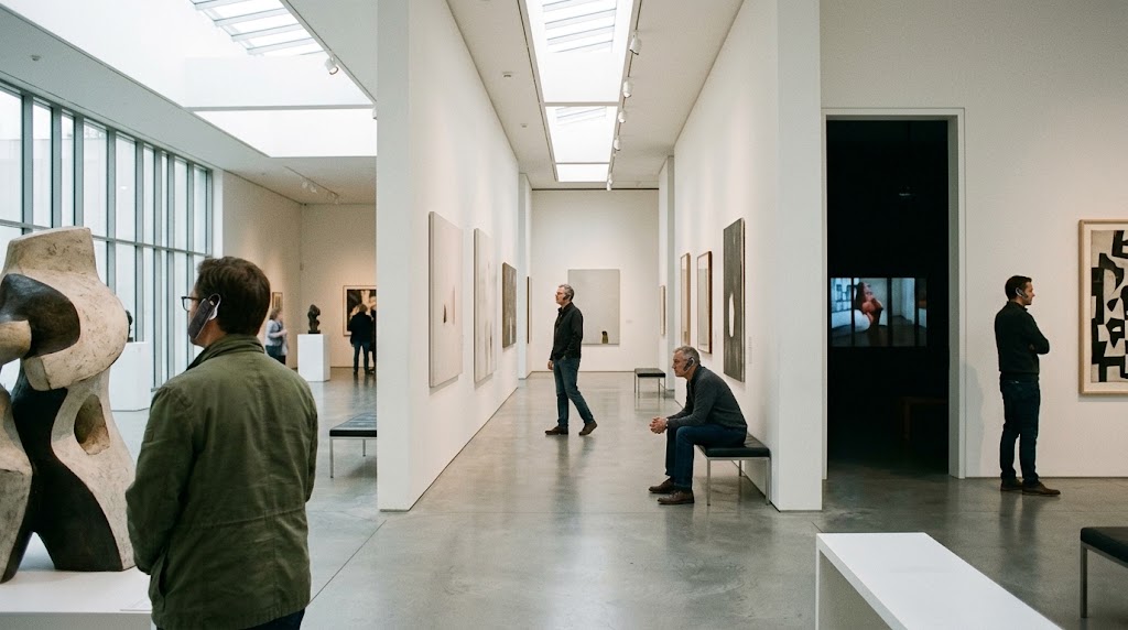 Visitors independently exploring a gallery at their own pace, each wearing an individual audio receiver