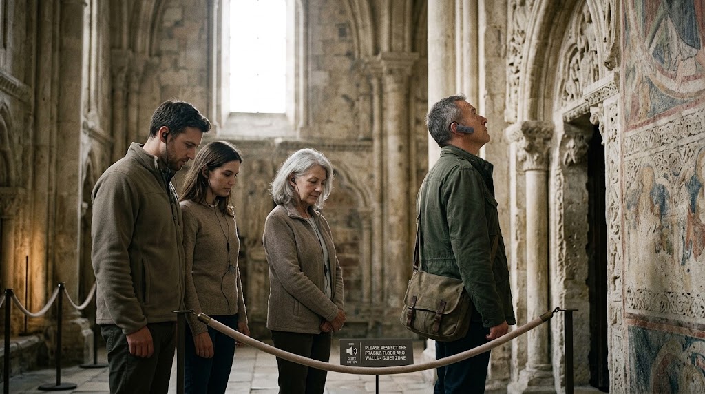 Visitors wearing audio receivers while standing at a respectful distance from a fragile heritage artifact