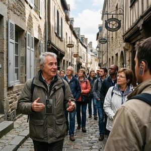 A guide wearing a wireless transmitter leads a walking tour group