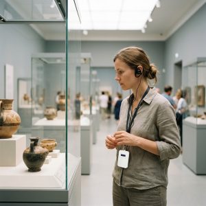 A museum visitor wearing a guide receiver and headphones pausing at an exhibit to listen to commentary
