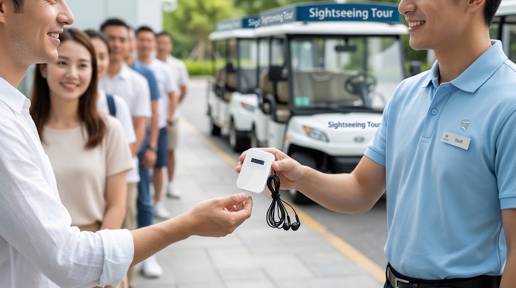 A staff member handing out guide receivers and headphones