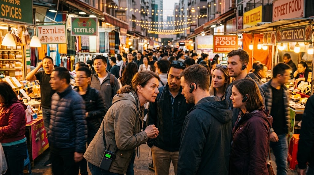 A tour guide speaking at a conversational volume in a busy market while guests listen through wireless earpieces