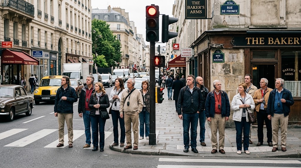 A walking tour group split by a traffic signal, with guests on both sides of the crossing still listening through wireless receivers