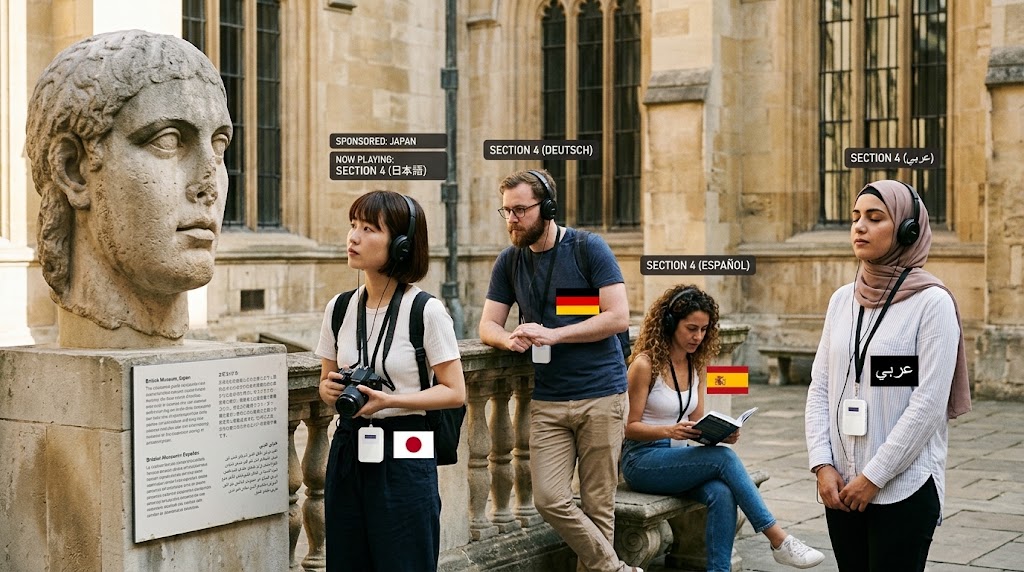 International visitors at a cultural site each listening to commentary in their own language through guide receivers