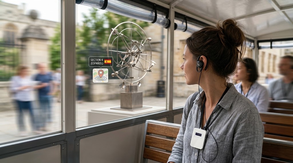 Passengers on a sightseeing tram wearing headphones as location-based commentary plays along the route