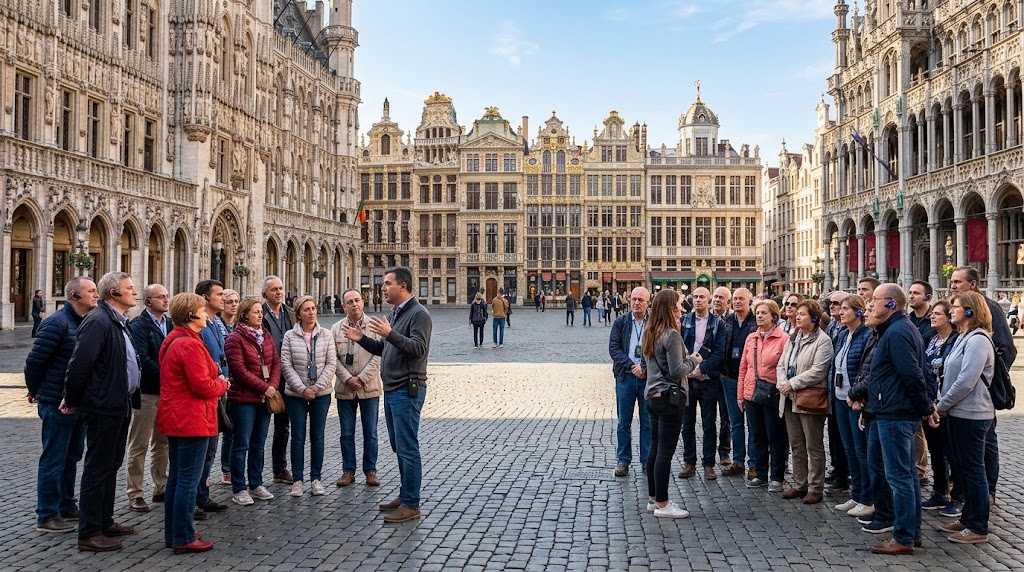 Two walking tour groups sharing a city square, each guide using a separate wireless channel