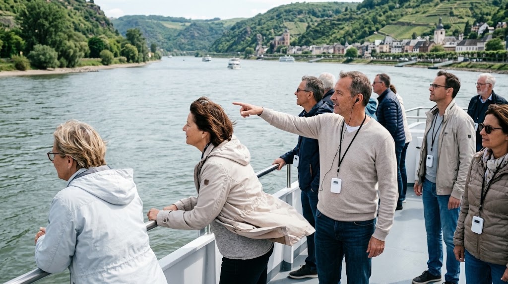 Visitors on a sightseeing boat deck wearing headphones while looking at the shoreline